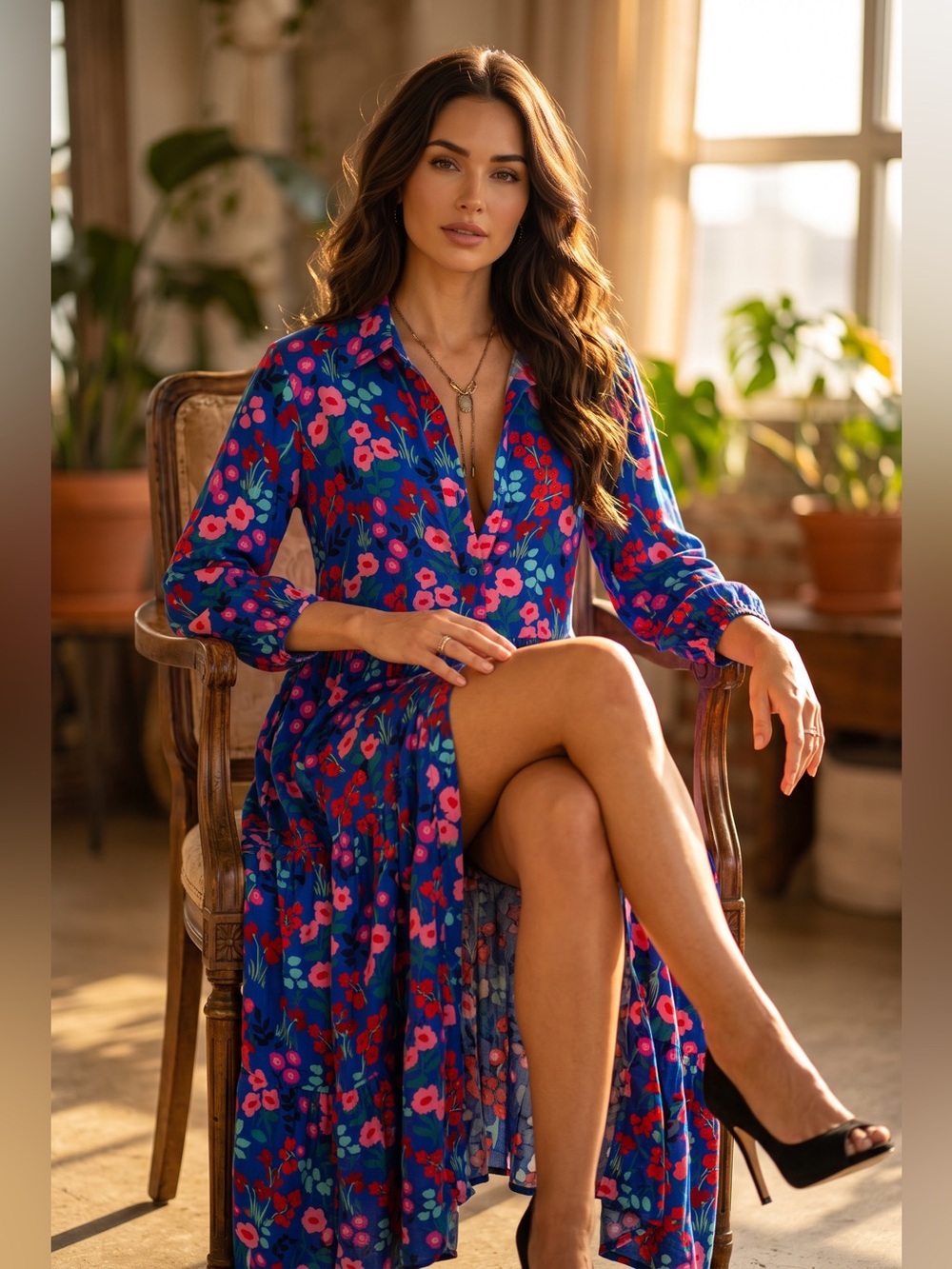 crown & ivy Blue Floral Button-Front Maxi Dress